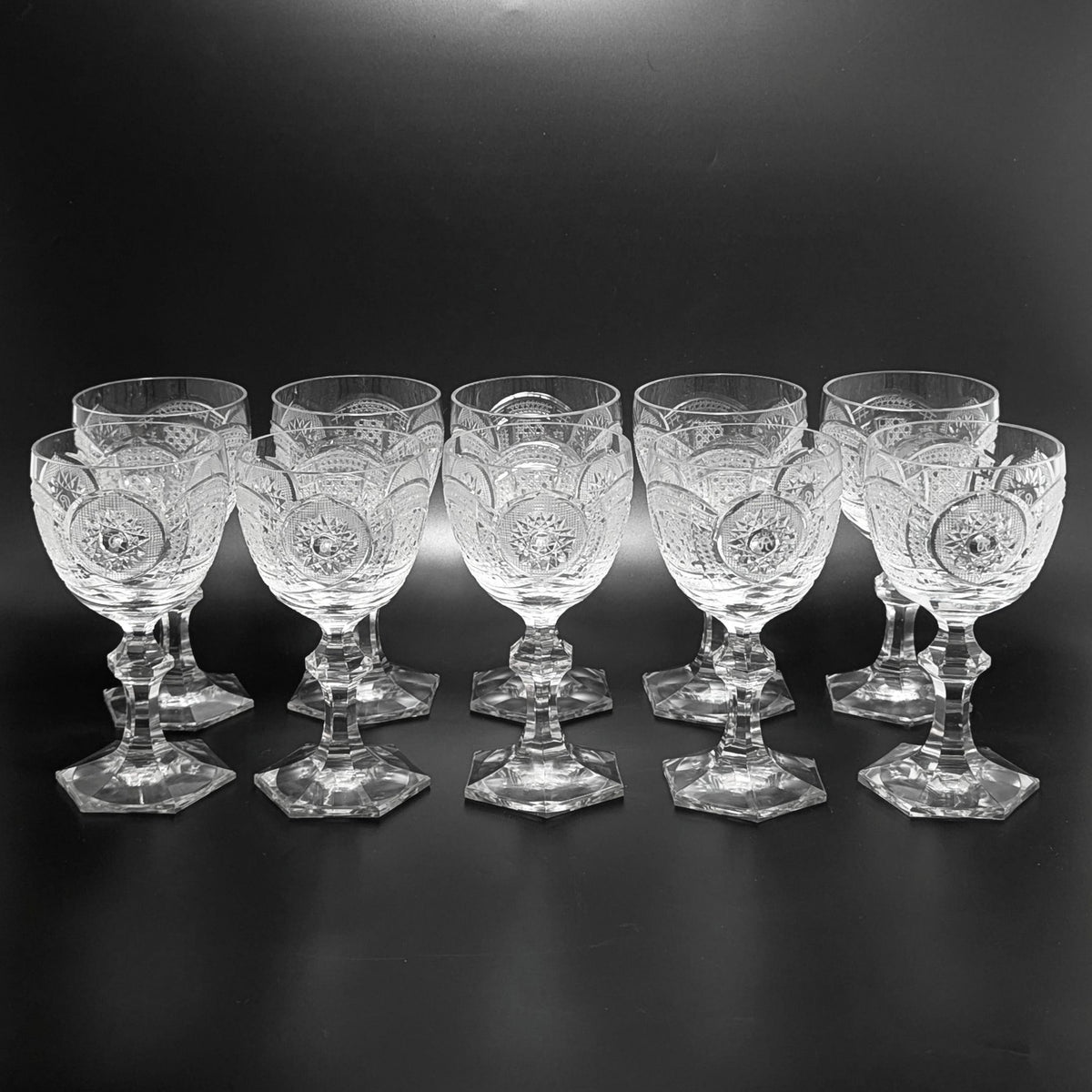 Set of 10 Vintage Fine Cut Crystal Wine Glasses, "R" Monogram