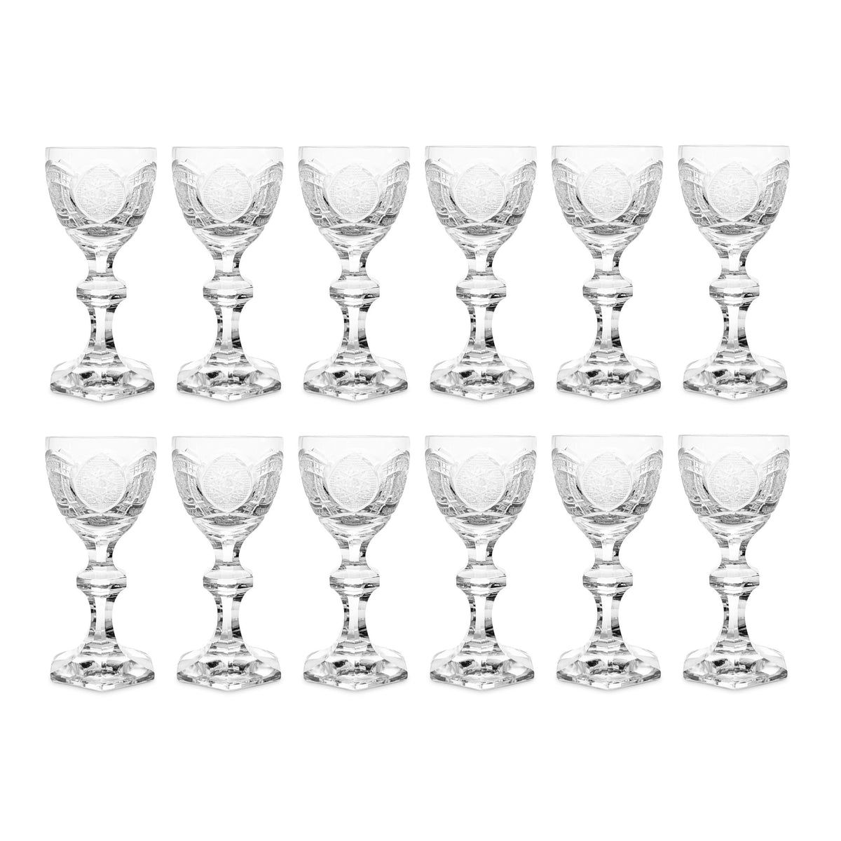 Set of 12 Vintage Fine Cut Crystal Cordial Glasses, "R" Monogram