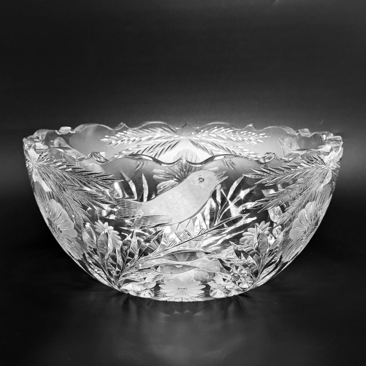 Heavy Cut Glass Bowl W/ Wheat, Bird and Flower Motifs, c. 1900