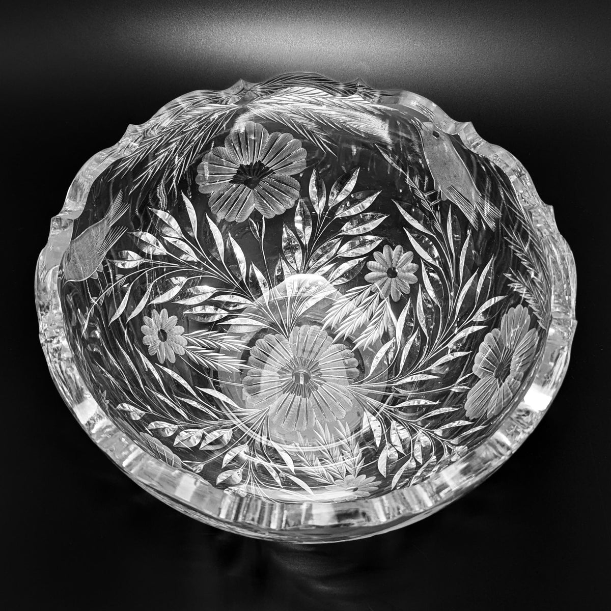 Heavy Cut Glass Bowl W/ Wheat, Bird and Flower Motifs, c. 1900