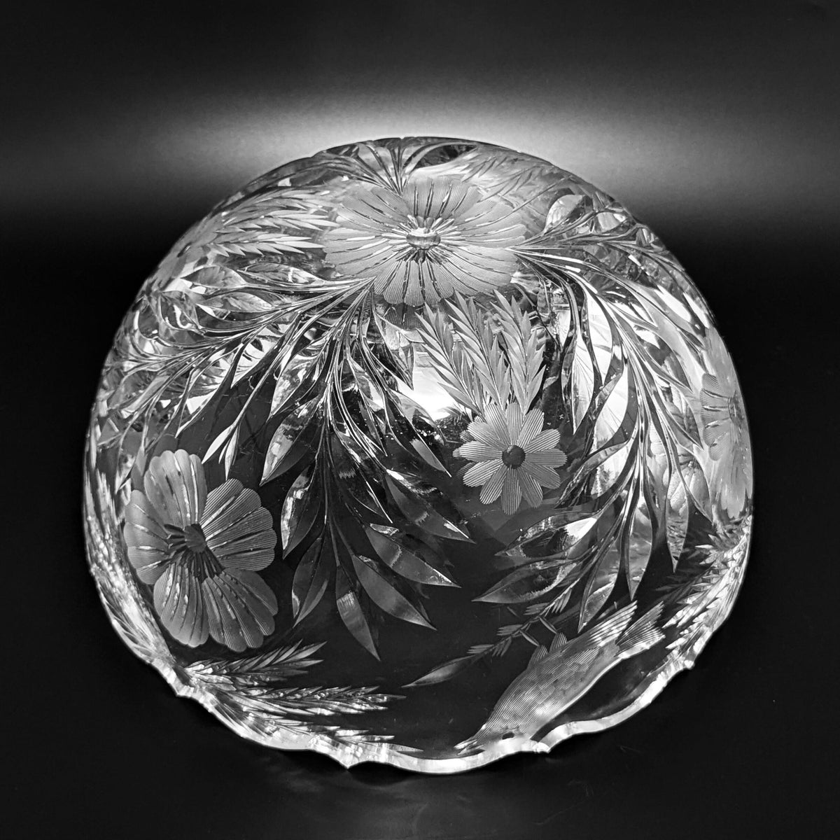 Heavy Cut Glass Bowl W/ Wheat, Bird and Flower Motifs, c. 1900