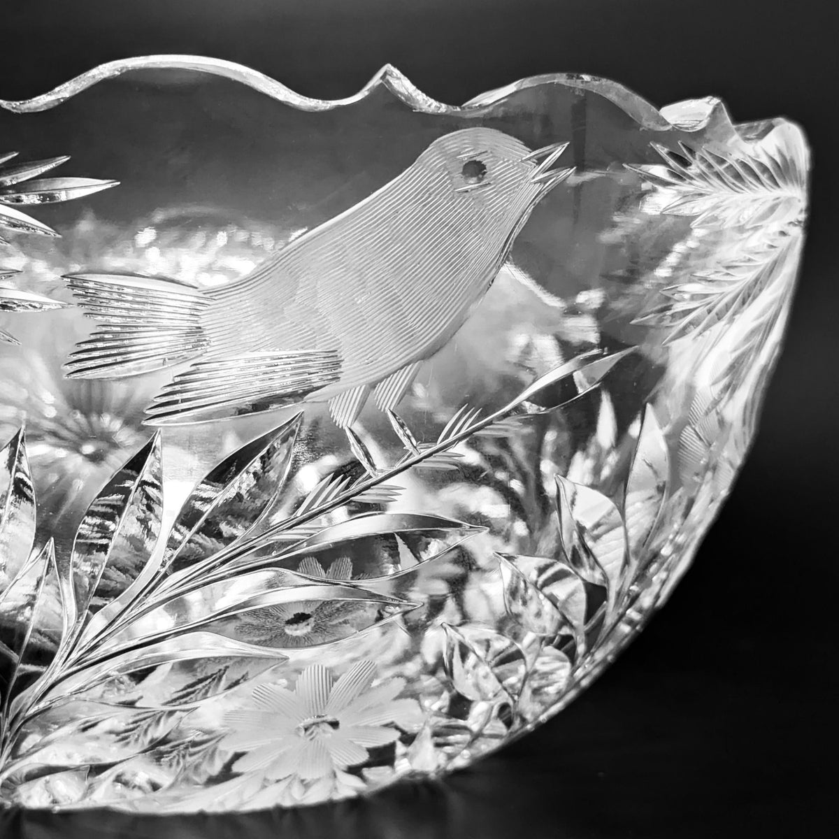Heavy Cut Glass Bowl W/ Wheat, Bird and Flower Motifs, c. 1900