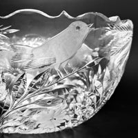 Heavy Cut Glass Bowl W/ Wheat, Bird and Flower Motifs, c. 1900