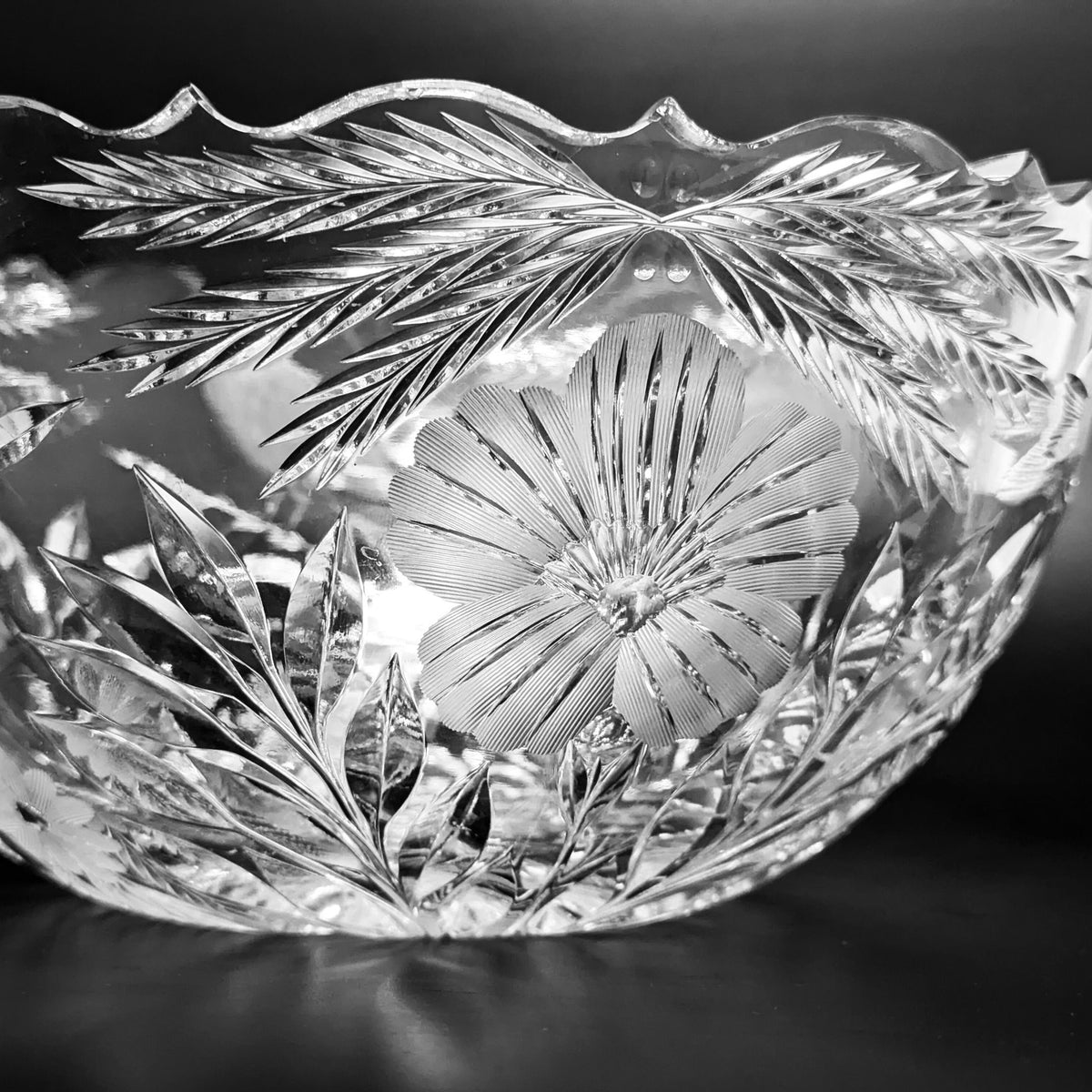 Heavy Cut Glass Bowl W/ Wheat, Bird and Flower Motifs, c. 1900