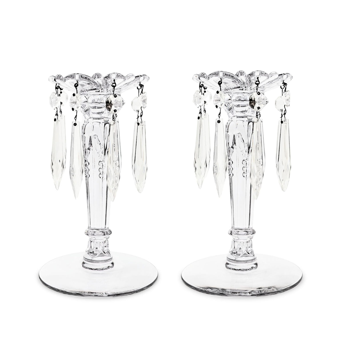 Heisey "Queen Anne Clear" 7" Candlesticks w/ Prisms (Pair)