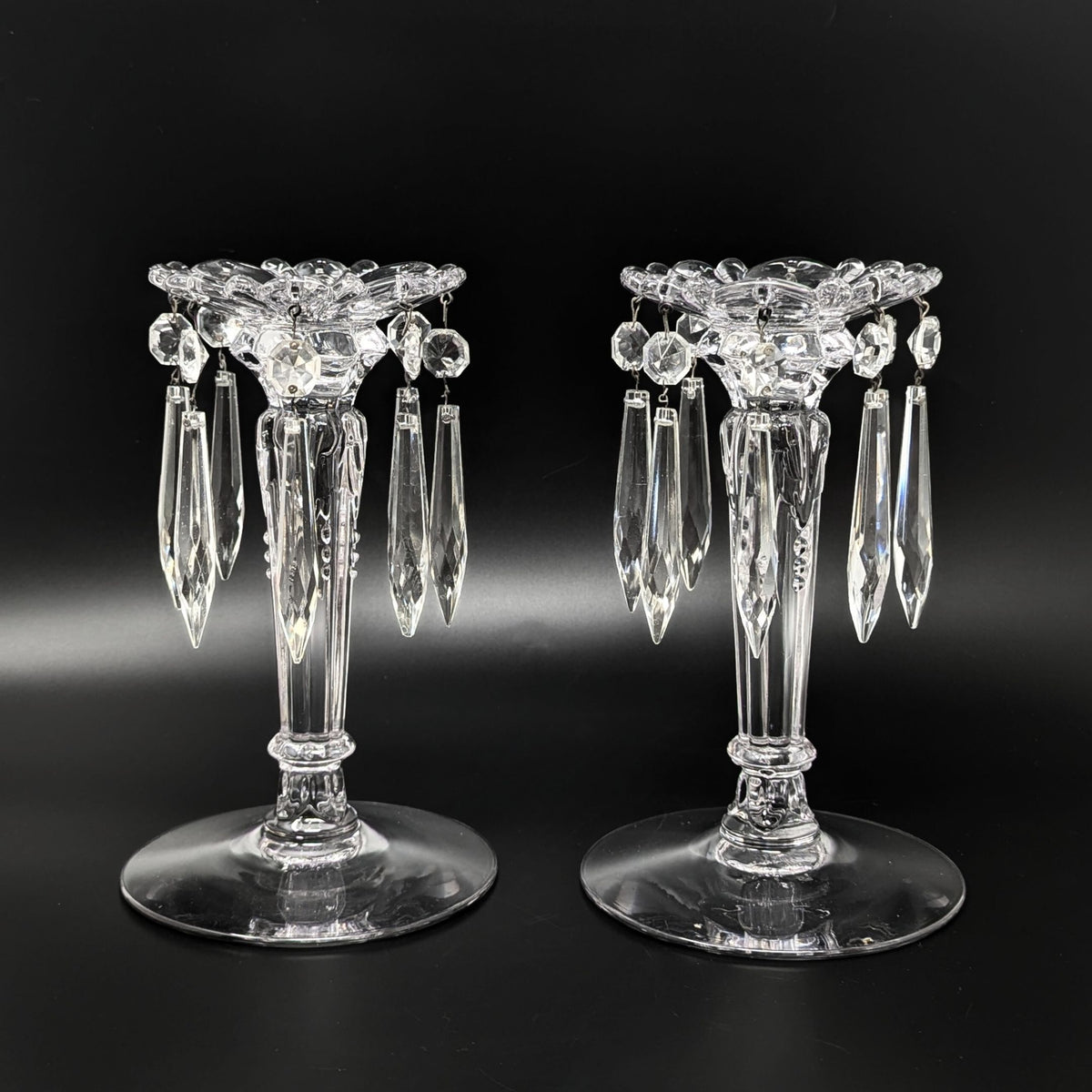 Heisey "Queen Anne Clear" 7" Candlesticks w/ Prisms (Pair)