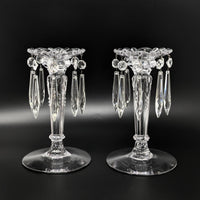 Heisey "Queen Anne Clear" 7" Candlesticks w/ Prisms (Pair)