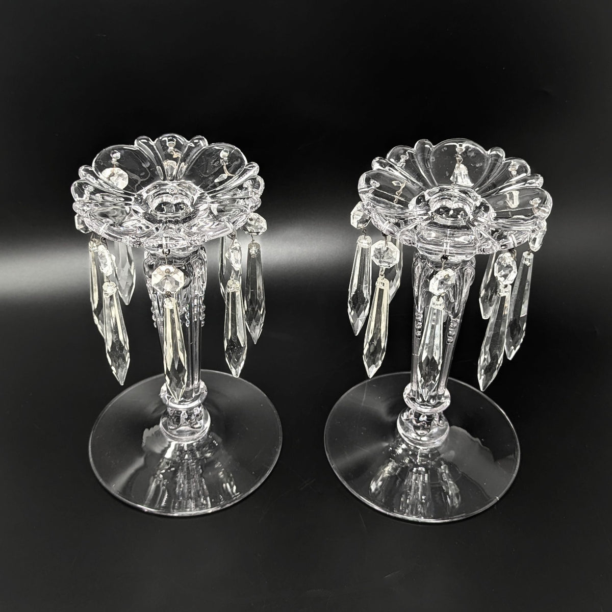 Heisey "Queen Anne Clear" 7" Candlesticks w/ Prisms (Pair)