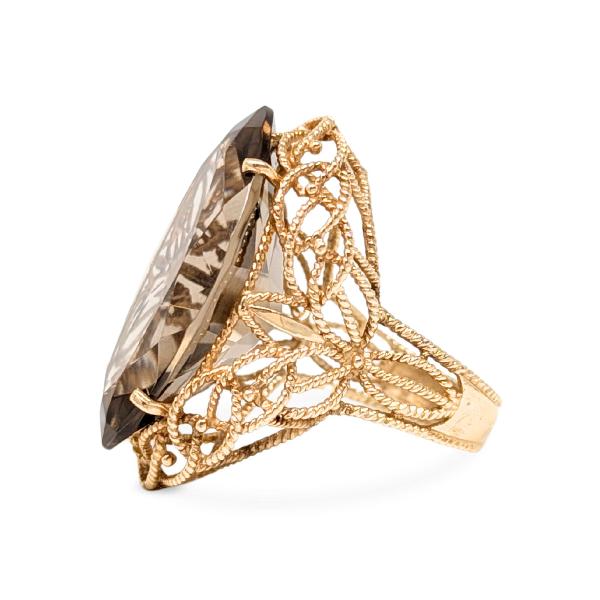 10K Gold Filigree Smoky Topaz Statement Ring - Size 7.25
