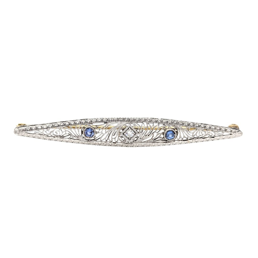 Antique 14K White Gold, Diamond, & Sapphire Filigree Brooch