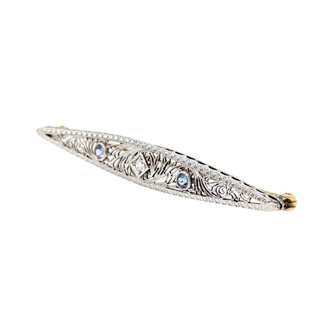 Antique 14K White Gold, Diamond, & Sapphire Filigree Brooch