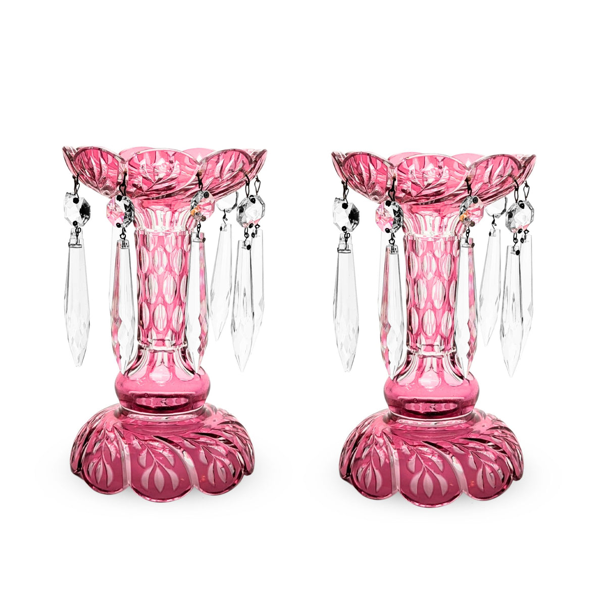 Bohemian Cranberry Cut-to-Clear Mantel Lusters (Pair)