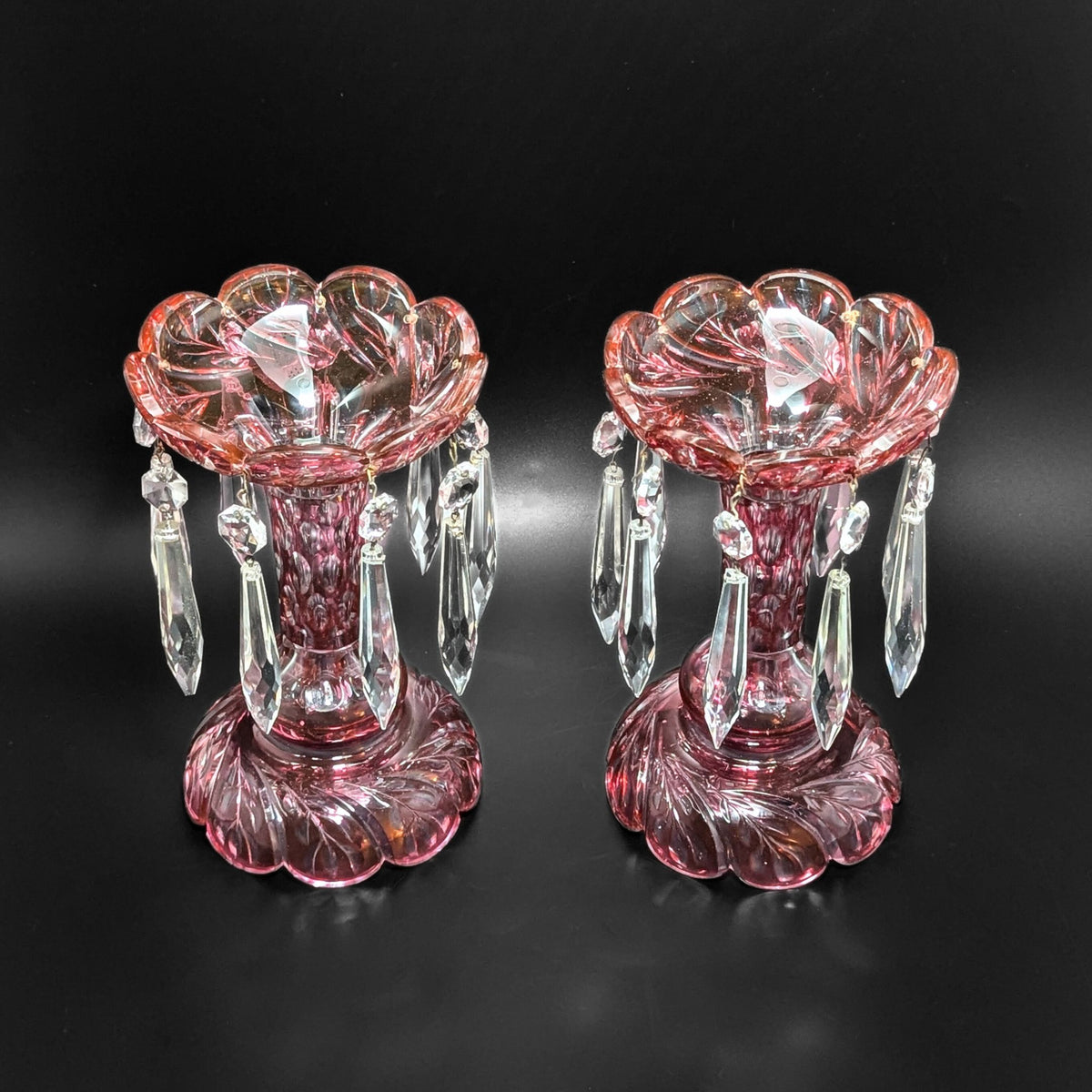 Bohemian Cranberry Cut-to-Clear Mantel Lusters (Pair)