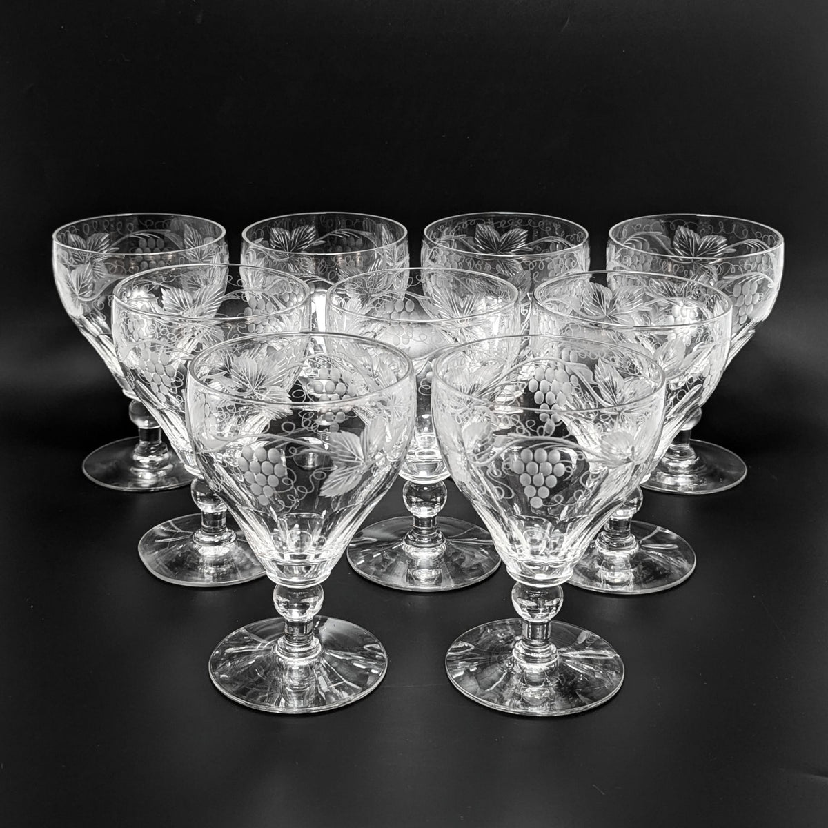 Pairpoint Glass Water Goblets w/ Etched Grapes, Vines & Leaves (9)