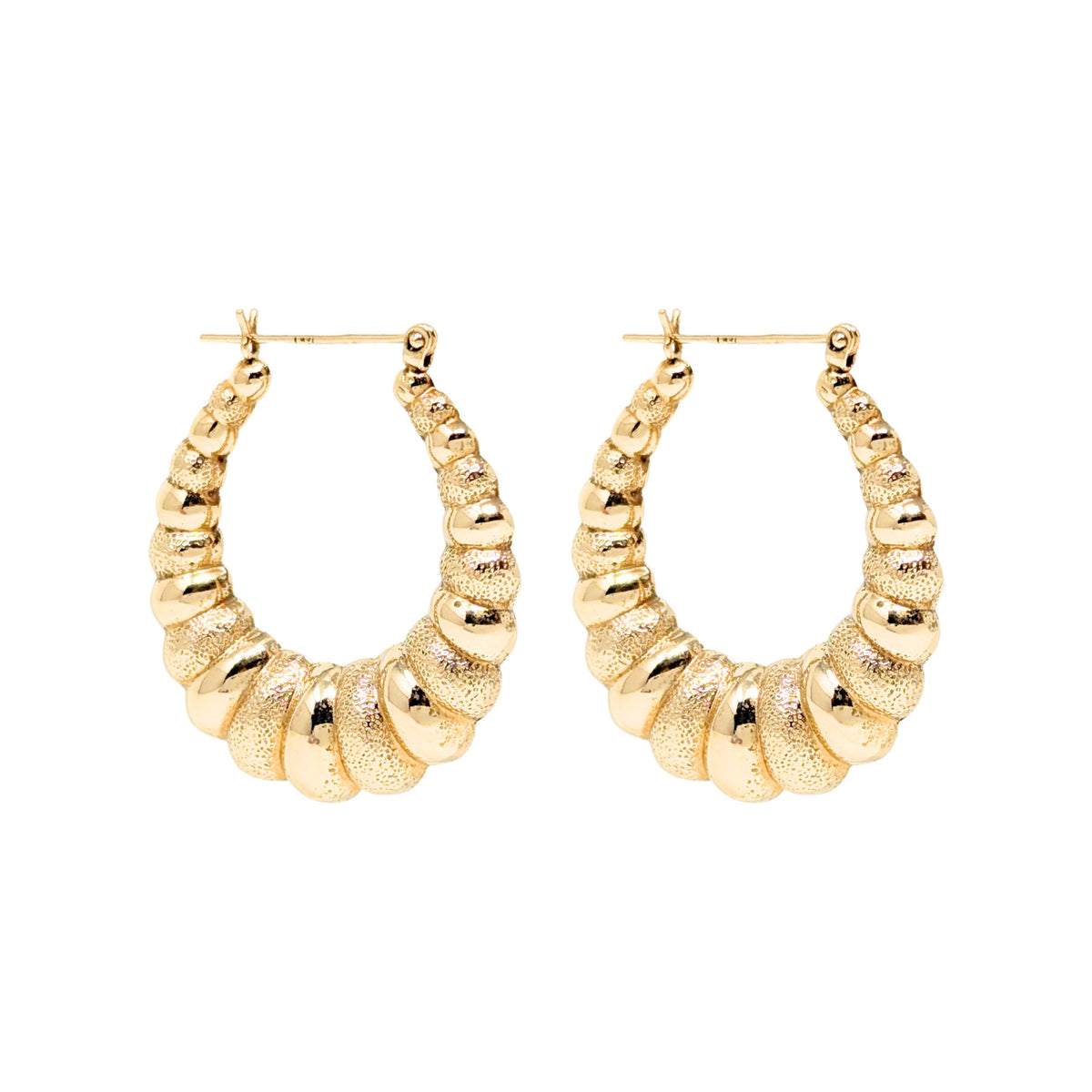 14K Gold Textured/Polished 29mm Shrimp Hoop Earrings