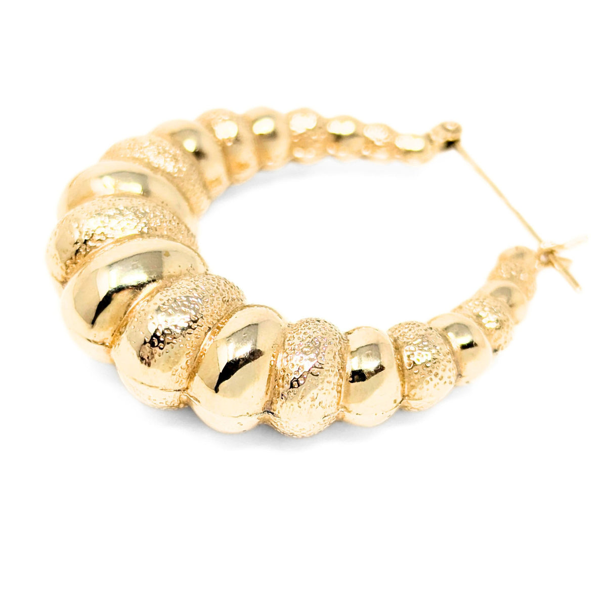 14K Gold Textured/Polished 29mm Shrimp Hoop Earrings