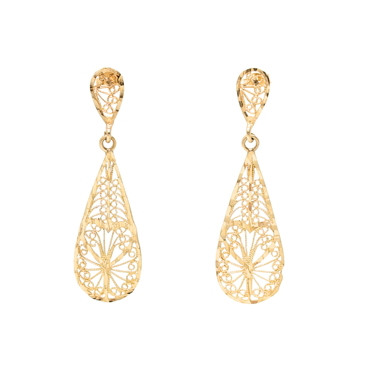 14K Gold Peacock Filigree Drop Earrings