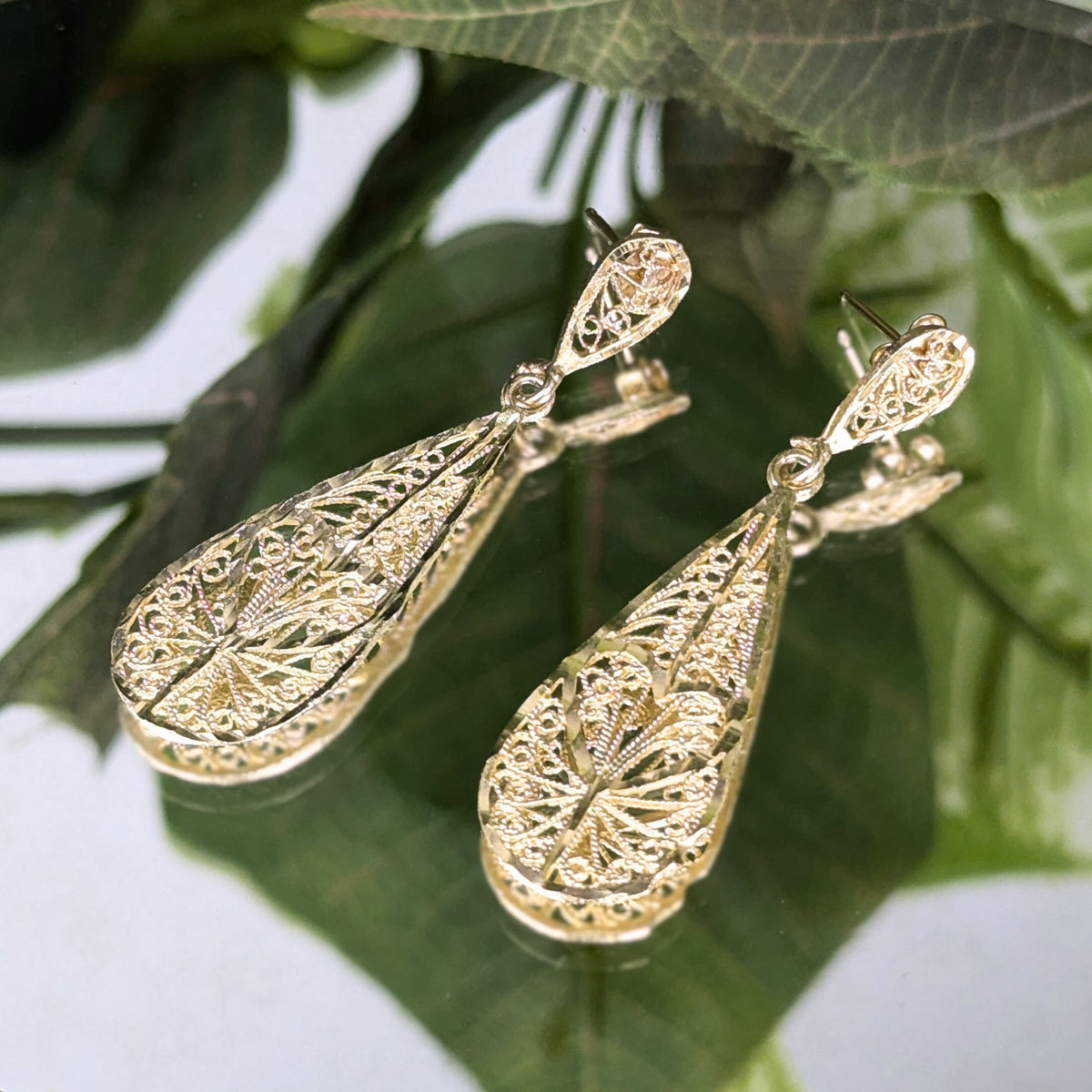 14K Gold Peacock Filigree Drop Earrings