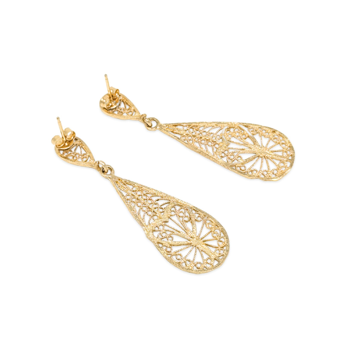 14K Gold Peacock Filigree Drop Earrings