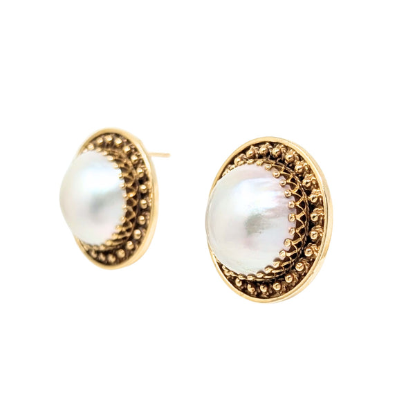 14K Gold 15mm Mabe Pearl Button Earrings