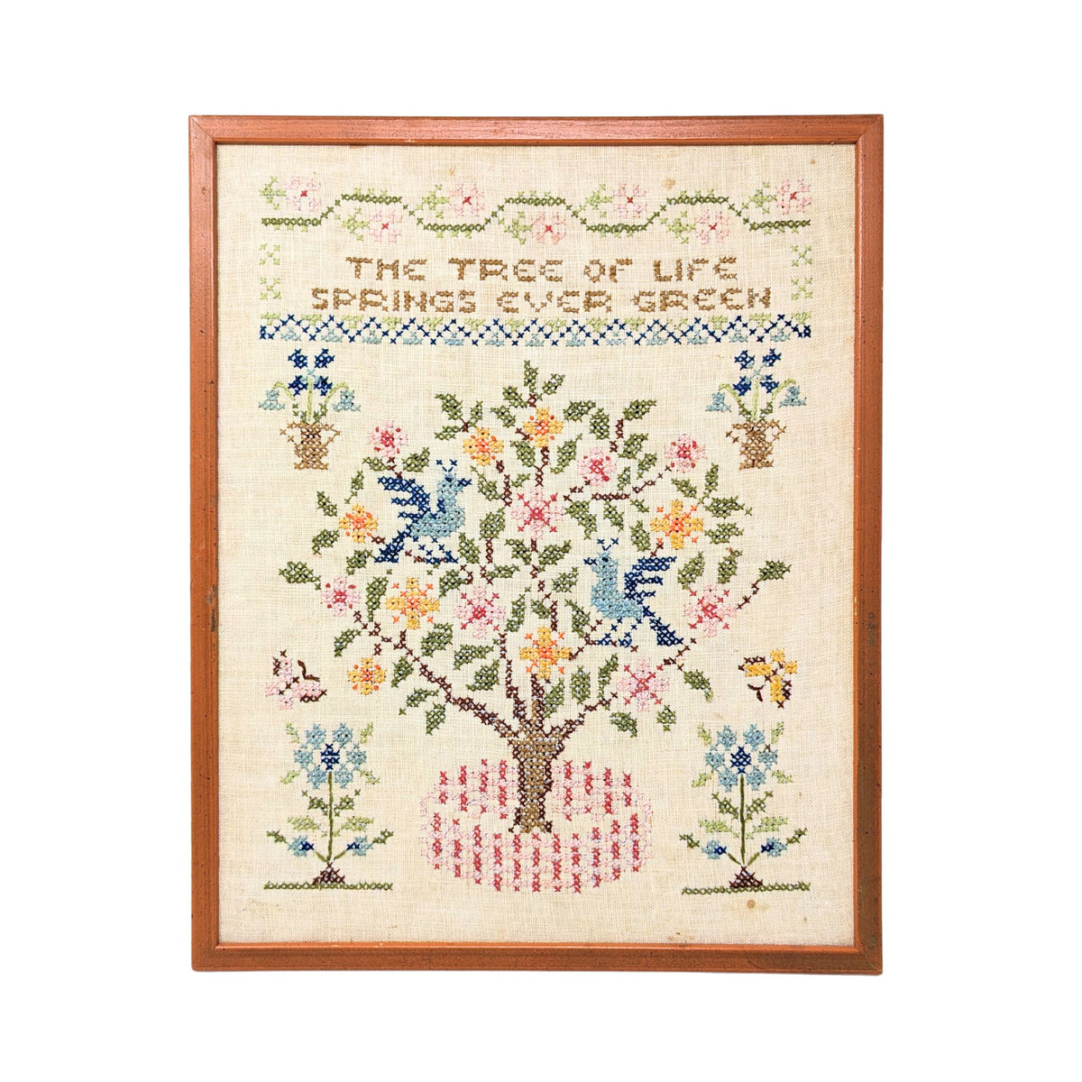 Vintage Framed Cross Stitch "The Tree of Life Springs Ever Green" (15"x 12")