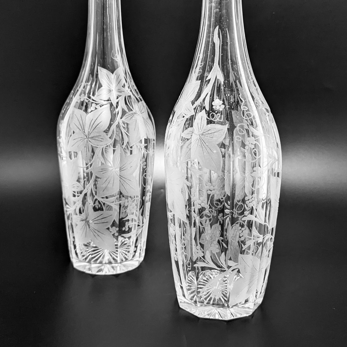 Pair of Victorian Grape Vine & Leaf Etched Glass Decanters