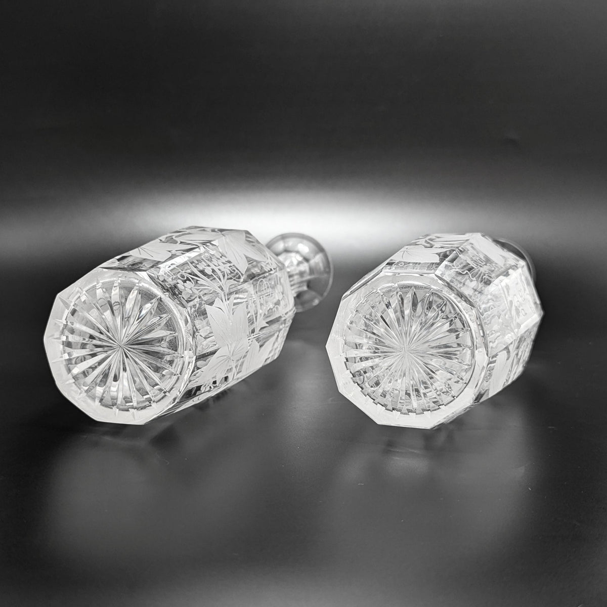 Pair of Victorian Grape Vine & Leaf Etched Glass Decanters