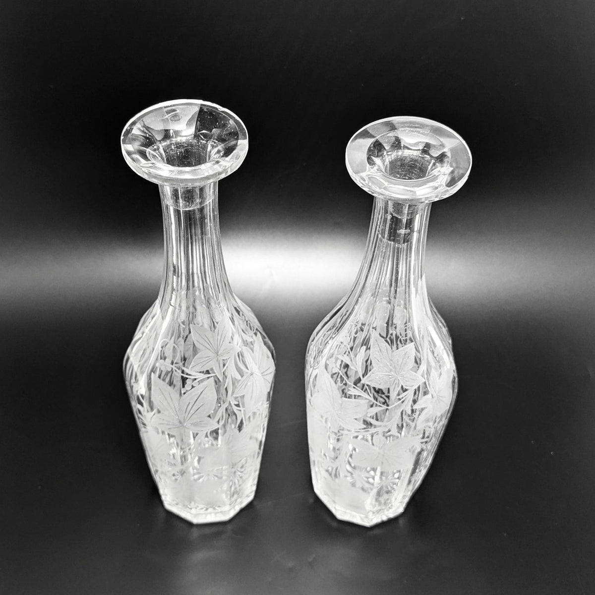Pair of Victorian Grape Vine & Leaf Etched Glass Decanters