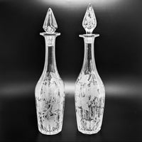 Pair of Victorian Grape Vine & Leaf Etched Glass Decanters