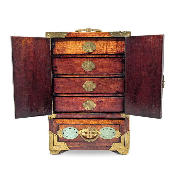 Vintage Chinese Rosewood, Jade, & Brass Jewelry Box
