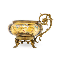 Antique Bohemian Hand Enameled Amber Glass Footed Bowl w/ Gilt Handle