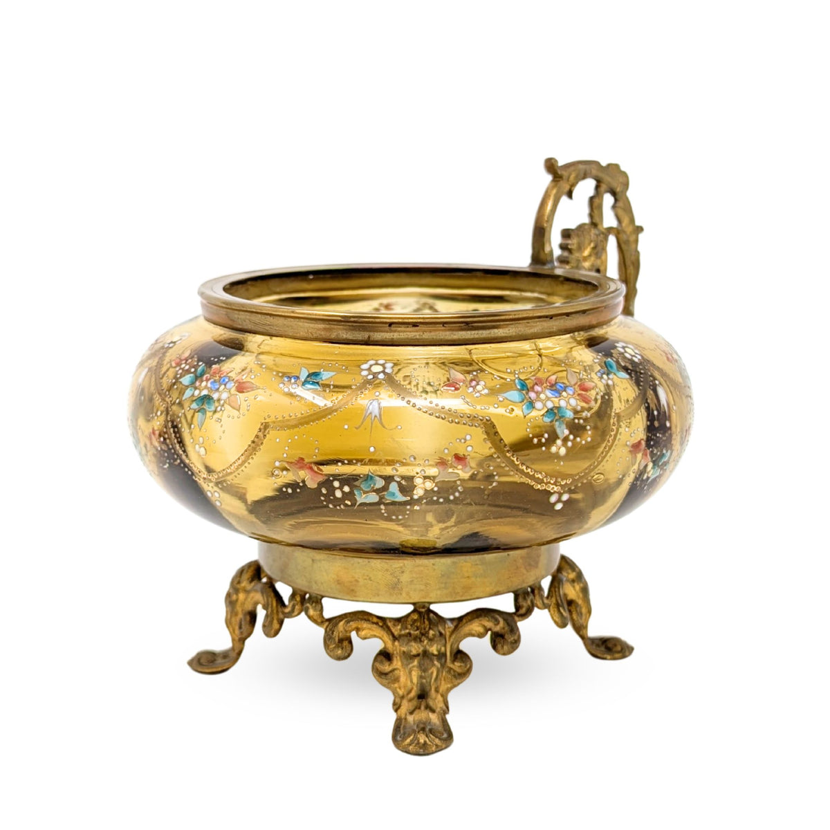 Antique Bohemian Hand Enameled Amber Glass Footed Bowl w/ Gilt Handle