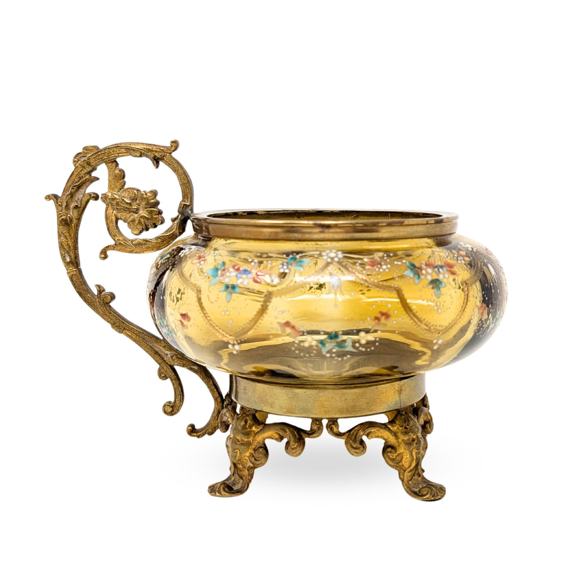 Antique Bohemian Hand Enameled Amber Glass Footed Bowl w/ Gilt Handle