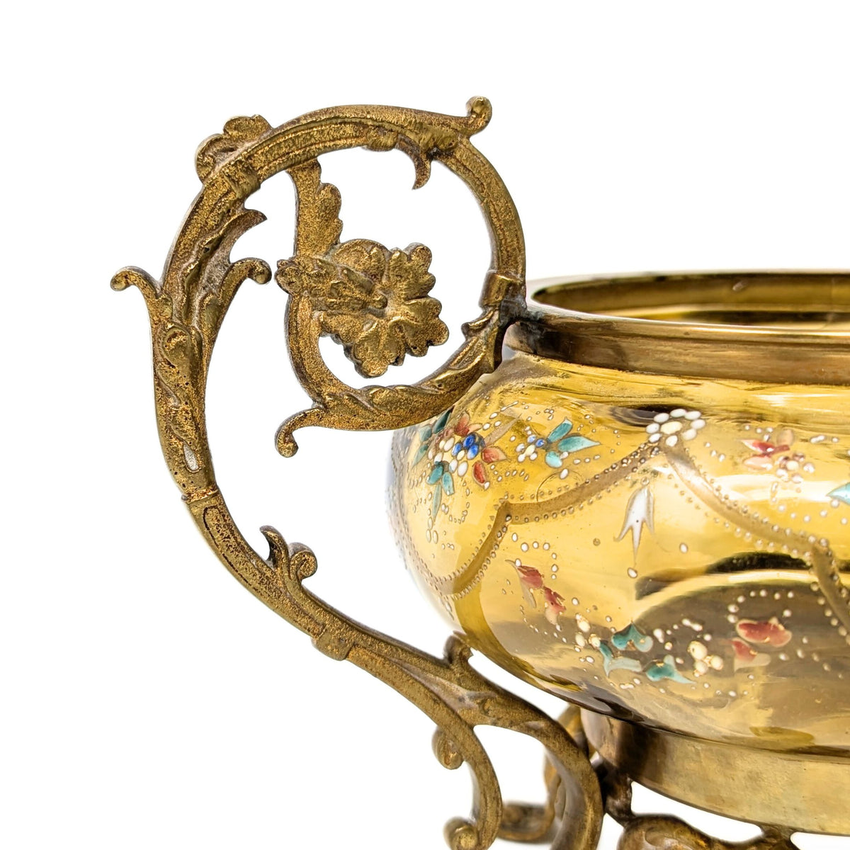 Antique Bohemian Hand Enameled Amber Glass Footed Bowl w/ Gilt Handle