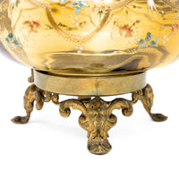 Antique Bohemian Hand Enameled Amber Glass Footed Bowl w/ Gilt Handle