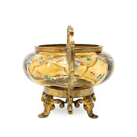 Antique Bohemian Hand Enameled Amber Glass Footed Bowl w/ Gilt Handle