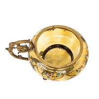 Antique Bohemian Hand Enameled Amber Glass Footed Bowl w/ Gilt Handle