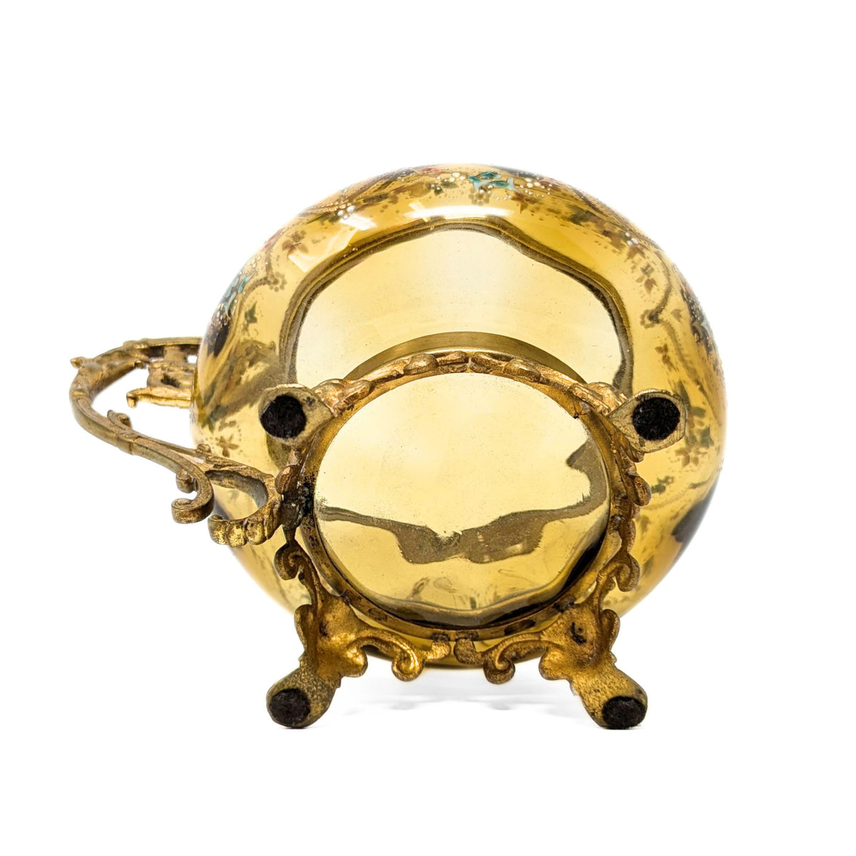 Antique Bohemian Hand Enameled Amber Glass Footed Bowl w/ Gilt Handle