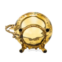 Antique Bohemian Hand Enameled Amber Glass Footed Bowl w/ Gilt Handle