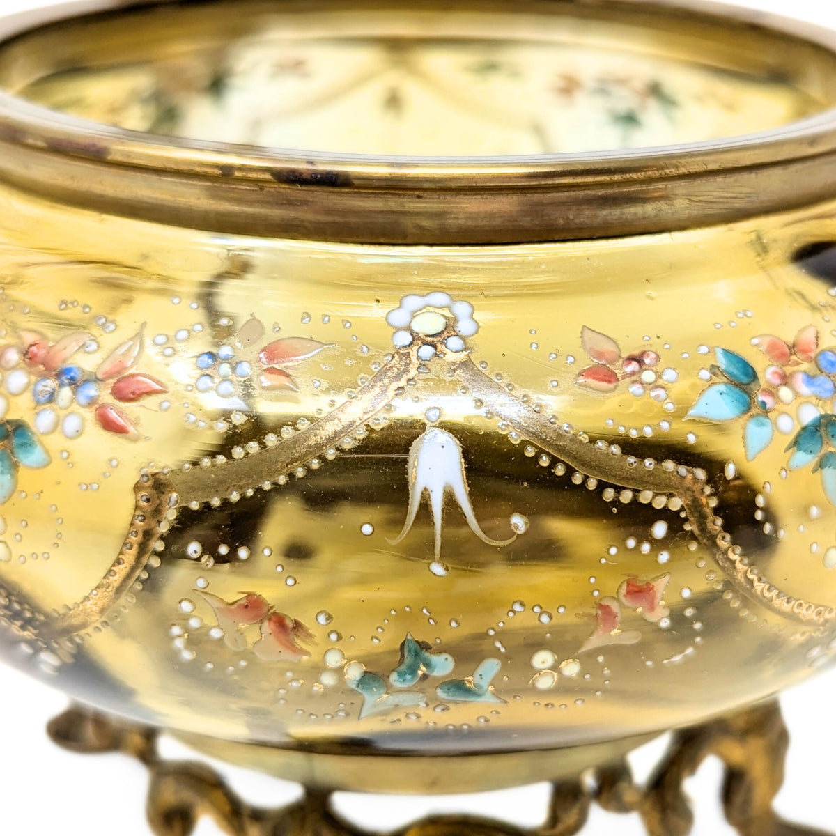 Antique Bohemian Hand Enameled Amber Glass Footed Bowl w/ Gilt Handle