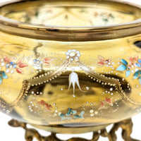 Antique Bohemian Hand Enameled Amber Glass Footed Bowl w/ Gilt Handle