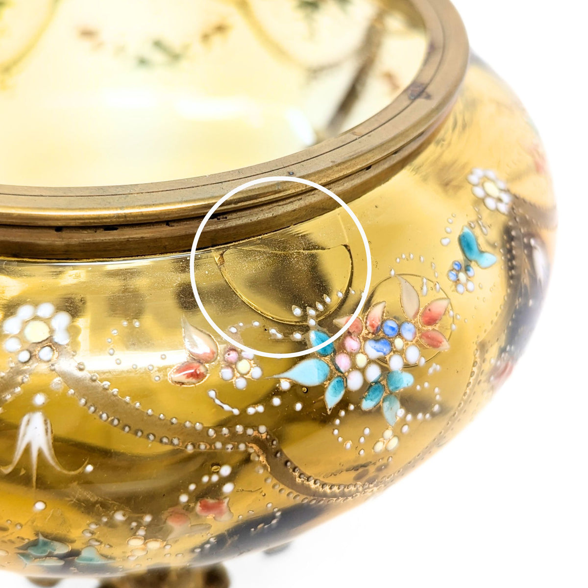 Antique Bohemian Hand Enameled Amber Glass Footed Bowl w/ Gilt Handle