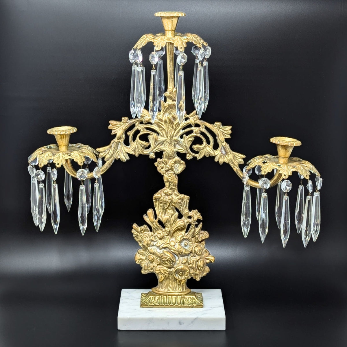 Victorian Brass 17" Girandole Candelabra w/ Prisms