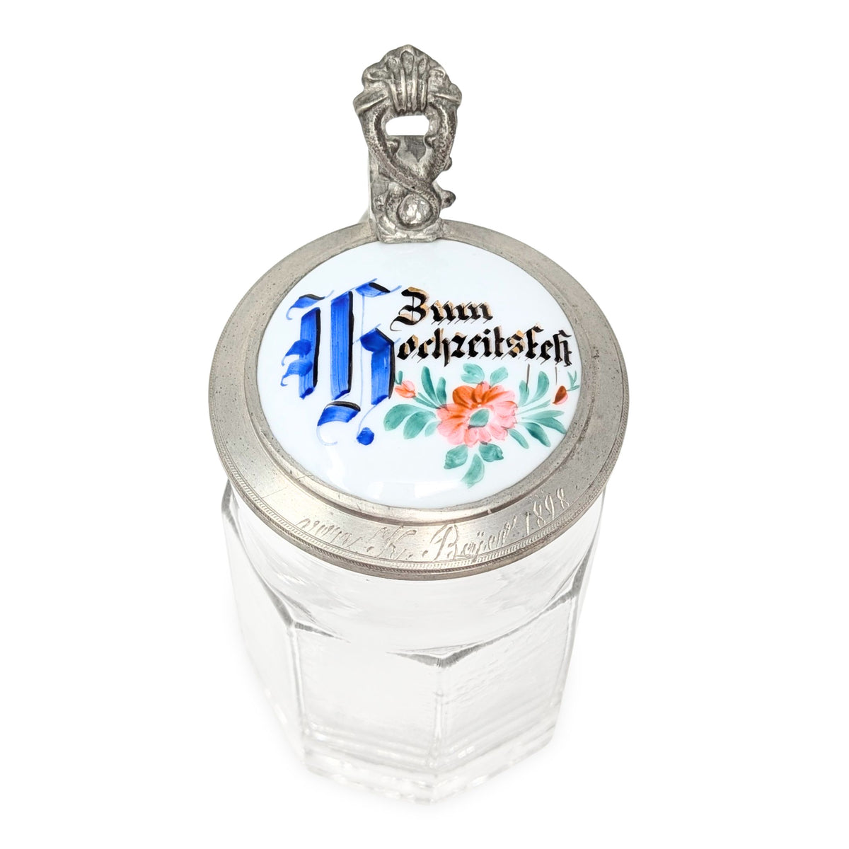 1898 “For the Wedding Feast” German Pewter & Porcelain Lidded Beer Stein