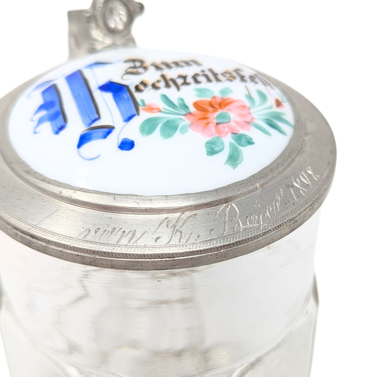 1898 “For the Wedding Feast” German Pewter & Porcelain Lidded Beer Stein