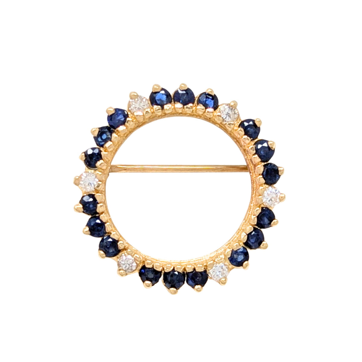 Vintage 14K Gold, Blue Sapphire, & Diamond Wreath Brooch