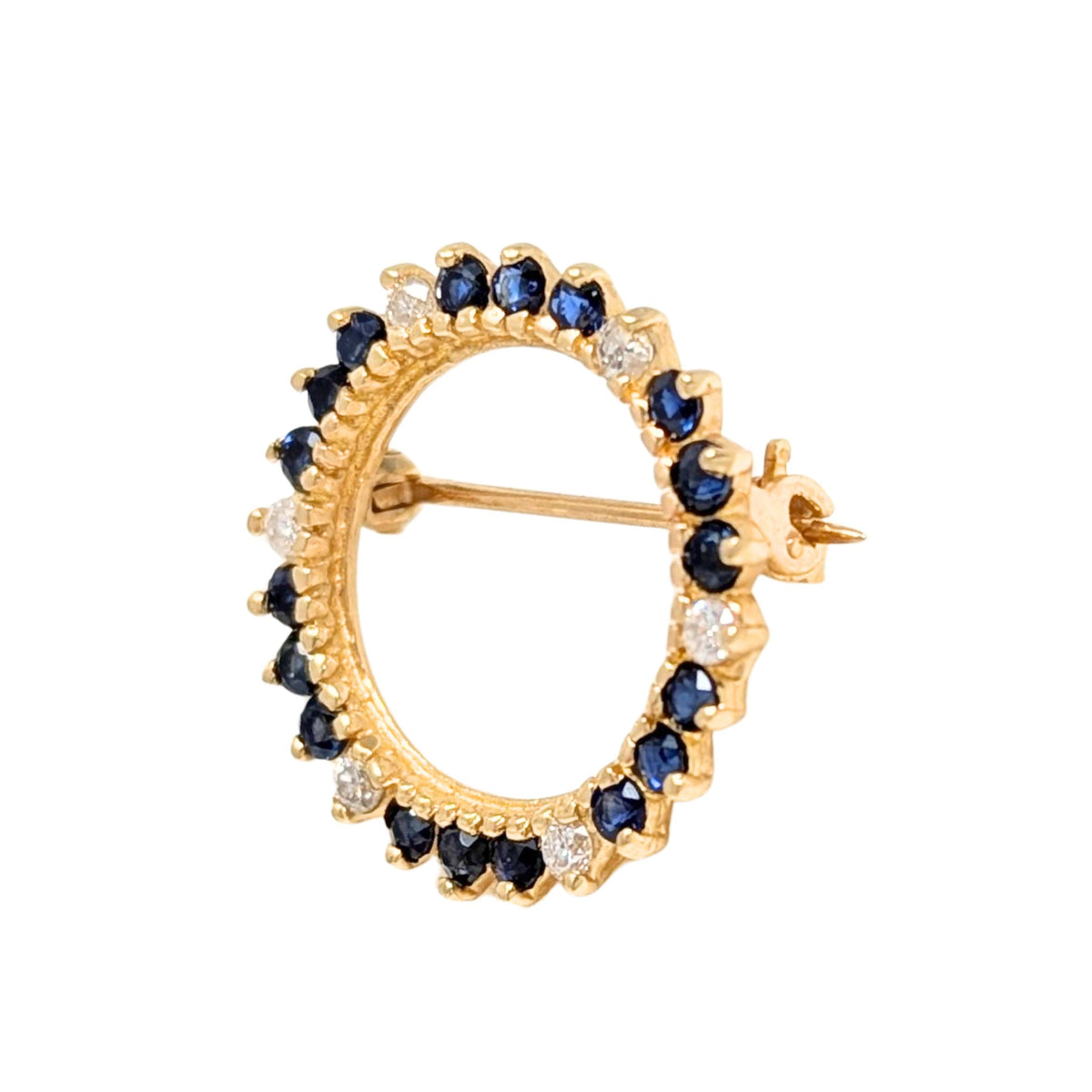 Vintage 14K Gold, Blue Sapphire, & Diamond Wreath Brooch