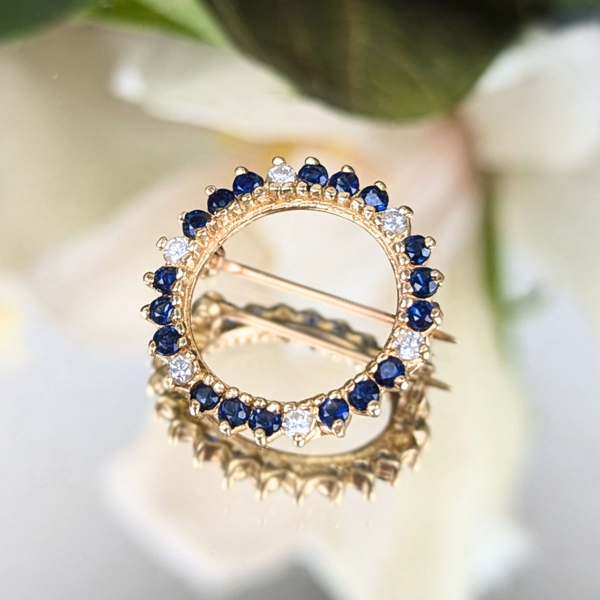 Vintage 14K Gold, Blue Sapphire, & Diamond Wreath Brooch