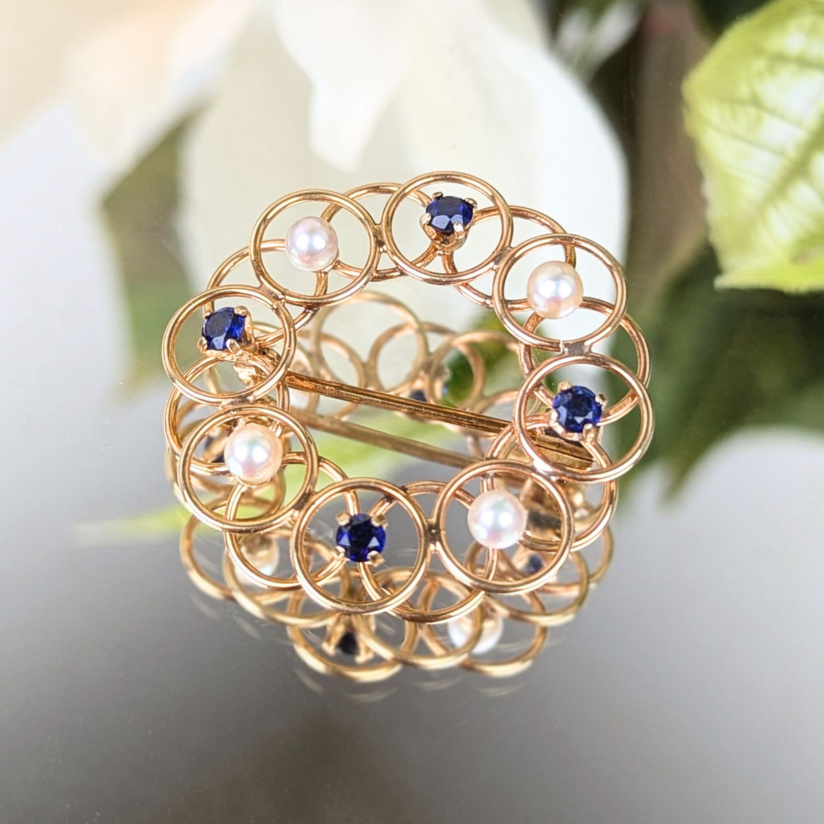 Vintage 14K Gold Sapphire & Pearl Wreath Brooch