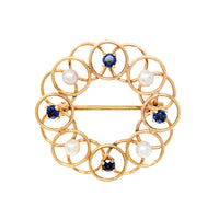 Vintage 14K Gold Sapphire & Pearl Wreath Brooch